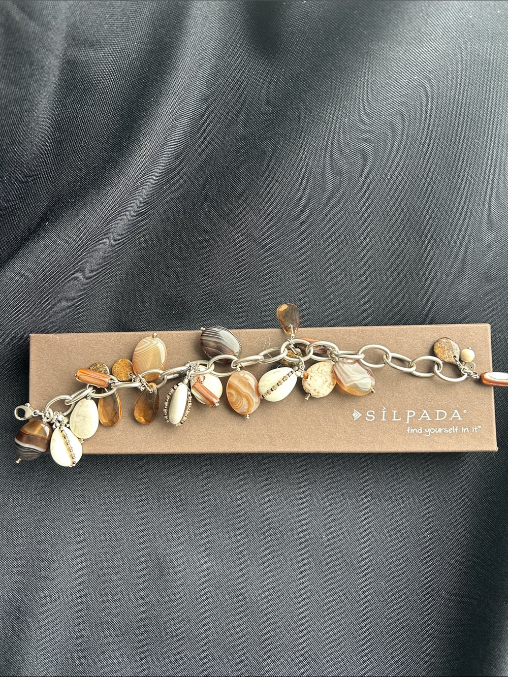 Silpada B2065 Sterling Silver, Brown and Cream Agate Charm Bracelet